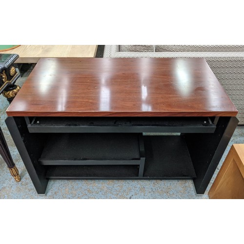 428 - COMPUTER DESK, black base, with two sliding shelves for keyboard and printer, 113cm x 57cm x 74cm.