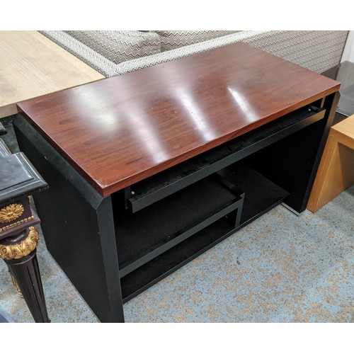 428 - COMPUTER DESK, black base, with two sliding shelves for keyboard and printer, 113cm x 57cm x 74cm.