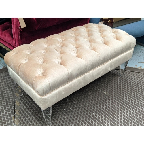 283 - FOOTSTOOL, 105cm W x 48cm H x 55cm W, in buttoned Champagne velvet on perspex supports.