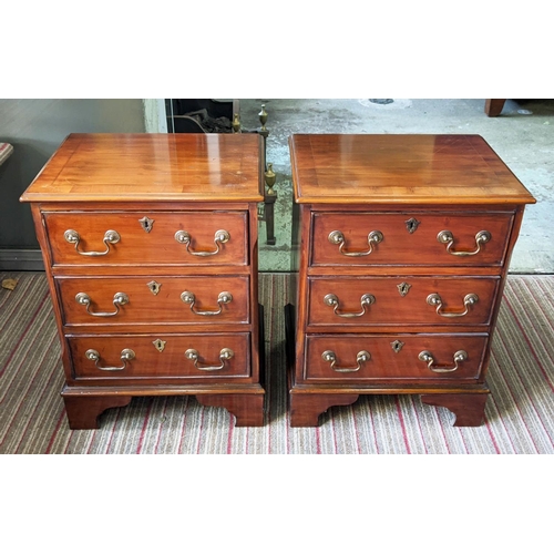 150 - BEDSIDE CHESTS, a pair, 45cm W x 59cm H x 34cm D George III design yewwood, each with three short dr... 