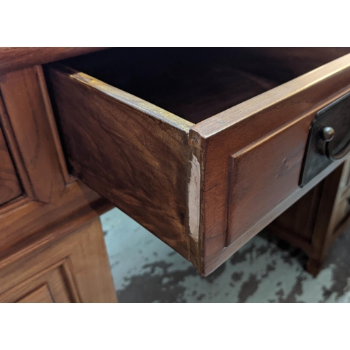 152 - CHINESE PEDESTAL DESK, 152cm W x 83cm H x 70cm D elm with ten drawers and ornate handles.