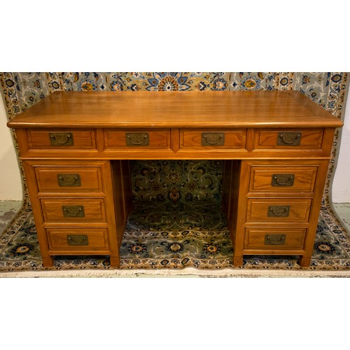 152 - CHINESE PEDESTAL DESK, 152cm W x 83cm H x 70cm D elm with ten drawers and ornate handles.