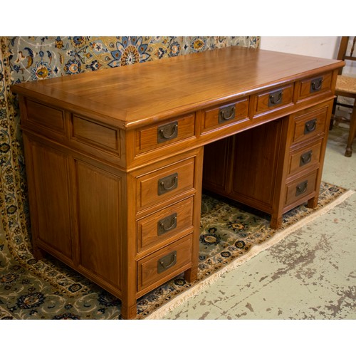 152 - CHINESE PEDESTAL DESK, 152cm W x 83cm H x 70cm D elm with ten drawers and ornate handles.