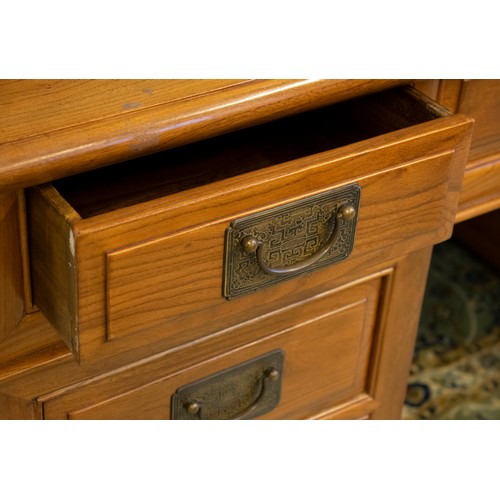 152 - CHINESE PEDESTAL DESK, 152cm W x 83cm H x 70cm D elm with ten drawers and ornate handles.