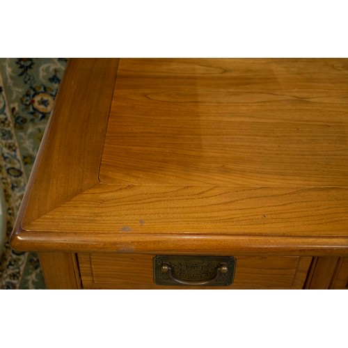 152 - CHINESE PEDESTAL DESK, 152cm W x 83cm H x 70cm D elm with ten drawers and ornate handles.