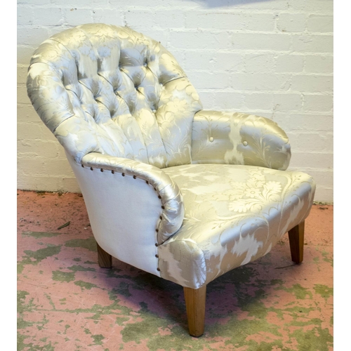 158 - ARMCHAIR, 77cm H x 64cm W, silvered silk and white velvet on beechwood legs.