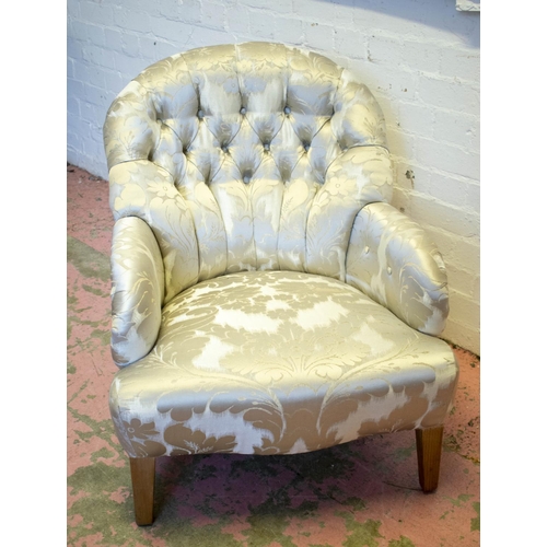 158 - ARMCHAIR, 77cm H x 64cm W, silvered silk and white velvet on beechwood legs.