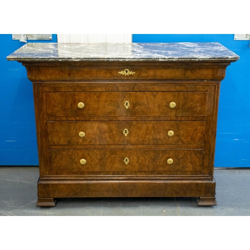 159 - COMMODE, 97cm H x 126cm x 55cm, Louis Philippe walnut with four drawers and grey marble top.