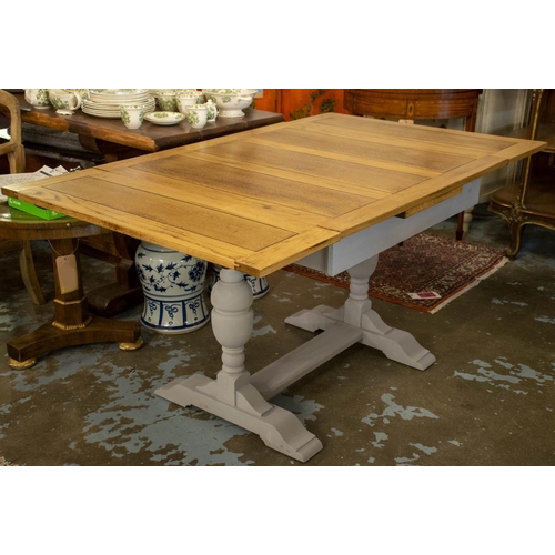 165 - DRAWLEAF TABLE, 75cm H x 90cm W x 92cm D, 150cm extended, Jacobean style oak with grey painted base.