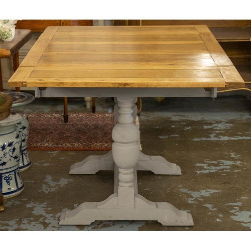 165 - DRAWLEAF TABLE, 75cm H x 90cm W x 92cm D, 150cm extended, Jacobean style oak with grey painted base.