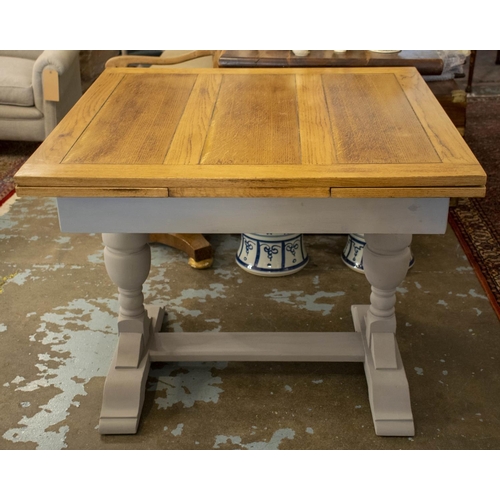 165 - DRAWLEAF TABLE, 75cm H x 90cm W x 92cm D, 150cm extended, Jacobean style oak with grey painted base.