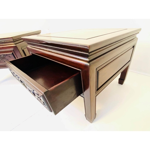 177 - LAMP TABLES, a pair, 50cm x 50cm x 41cm, Chinese padouk wood, each with single drawer. (2)