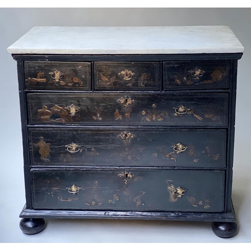 223 - QUEEN ANNE CHINOISERIE CHEST, early 18th century English, black Japanned and gilt Chinoiserie decora... 