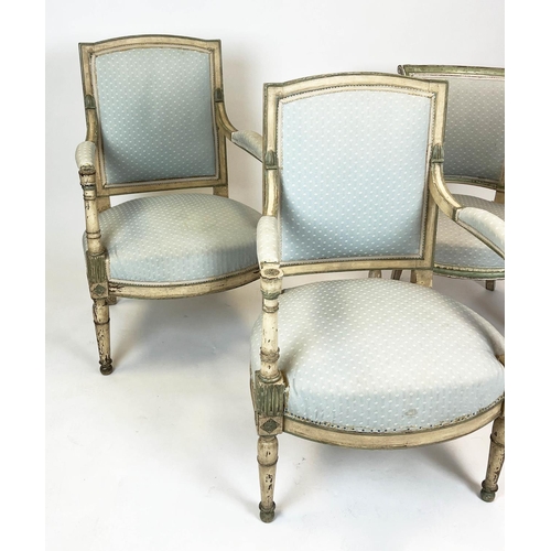 225 - FAUTEUILS, a pair, 60cm x 95cm H, Late 18th century Directoire in blue patterned upholstery and pain... 