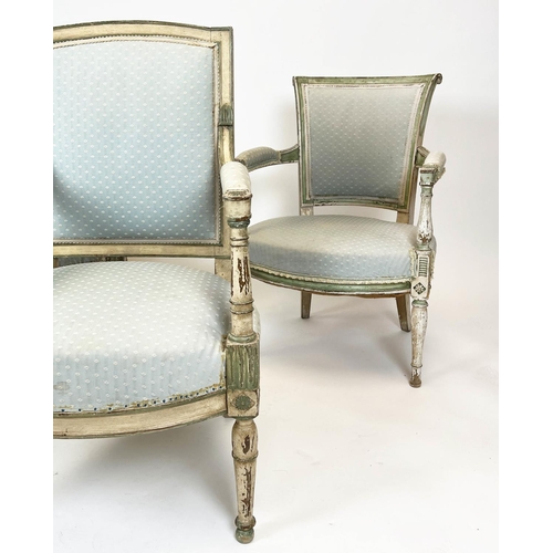 225 - FAUTEUILS, a pair, 60cm x 95cm H, Late 18th century Directoire in blue patterned upholstery and pain... 