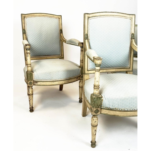 225 - FAUTEUILS, a pair, 60cm x 95cm H, Late 18th century Directoire in blue patterned upholstery and pain... 