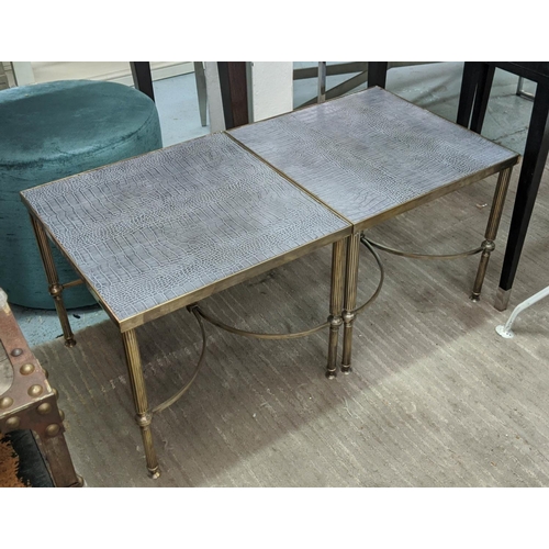 448 - SIDE TABLES, a pair, 45.5cm x 45.5cm x 40cm, 1960s French style, polished metal, with faux crocodile... 