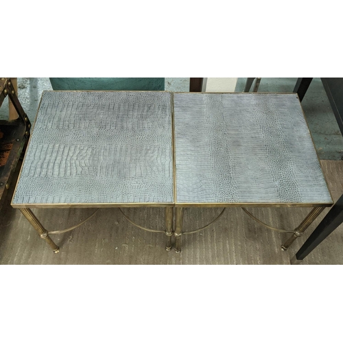 448 - SIDE TABLES, a pair, 45.5cm x 45.5cm x 40cm, 1960s French style, polished metal, with faux crocodile... 