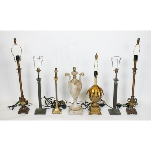 181 - TABLE LAMPS, two pairs and three others including an urn and a pineapple lamp, tallest 83cm H. (7)