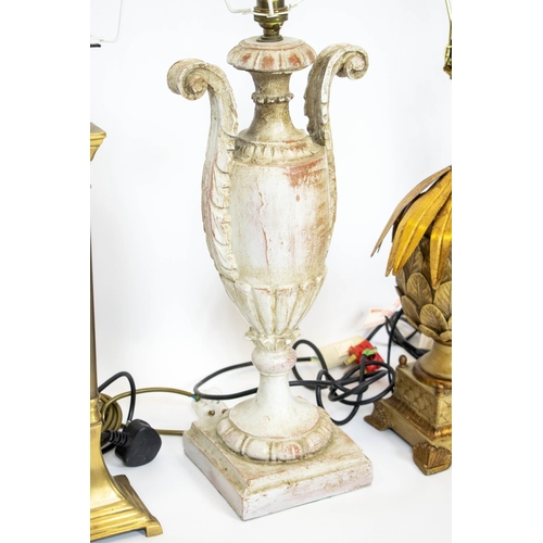 181 - TABLE LAMPS, two pairs and three others including an urn and a pineapple lamp, tallest 83cm H. (7)