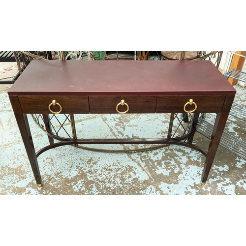 443 - CONSOLE TABLE, contemporary design, three drawers with gilt metal ring handles, 125cm x 45cm x 81cm.