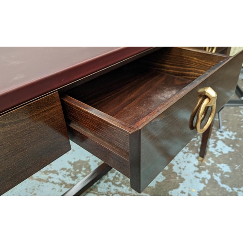 443 - CONSOLE TABLE, contemporary design, three drawers with gilt metal ring handles, 125cm x 45cm x 81cm.