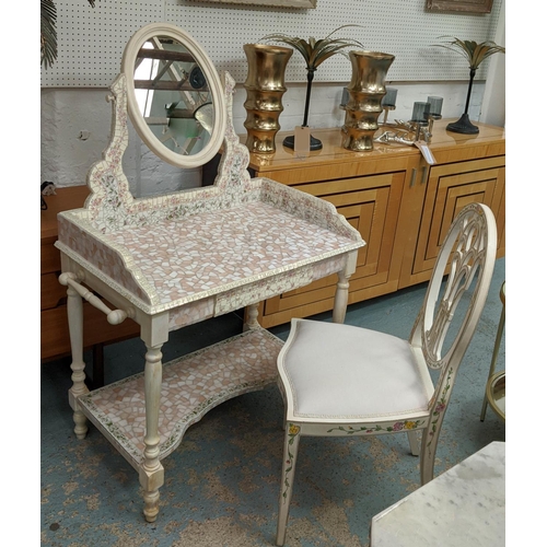 323 - DRESSING TABLE, 91cm W x 134cm H x 52cm D with mosaic style inlay and a floral painted side chair. (... 