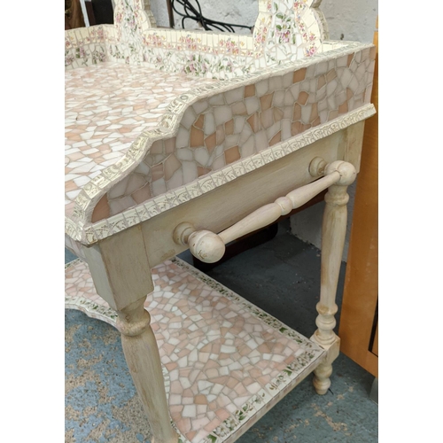 323 - DRESSING TABLE, 91cm W x 134cm H x 52cm D with mosaic style inlay and a floral painted side chair. (... 