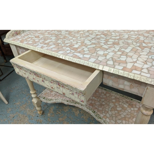 323 - DRESSING TABLE, 91cm W x 134cm H x 52cm D with mosaic style inlay and a floral painted side chair. (... 