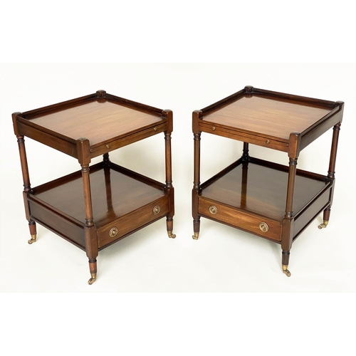 252 - LAMP TABLES, a pair, George III design figured mahogany each with slide, two tiers and drawers, 46cm... 