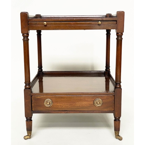 252 - LAMP TABLES, a pair, George III design figured mahogany each with slide, two tiers and drawers, 46cm... 