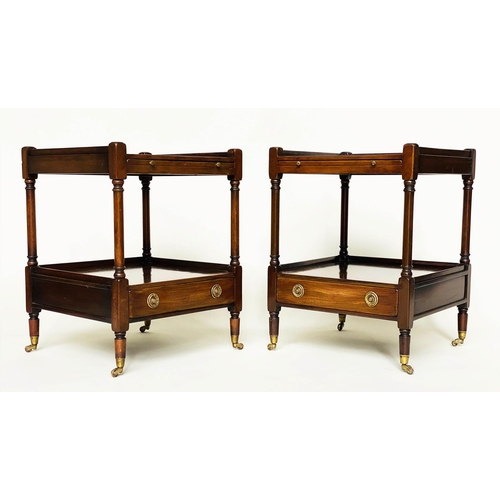 252 - LAMP TABLES, a pair, George III design figured mahogany each with slide, two tiers and drawers, 46cm... 