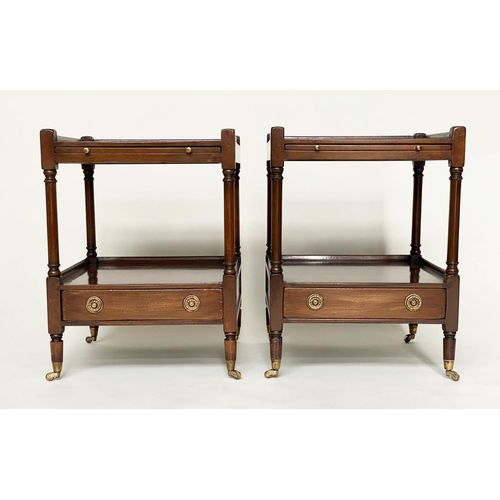 252 - LAMP TABLES, a pair, George III design figured mahogany each with slide, two tiers and drawers, 46cm... 