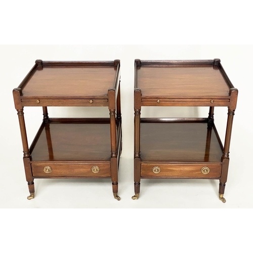 252 - LAMP TABLES, a pair, George III design figured mahogany each with slide, two tiers and drawers, 46cm... 