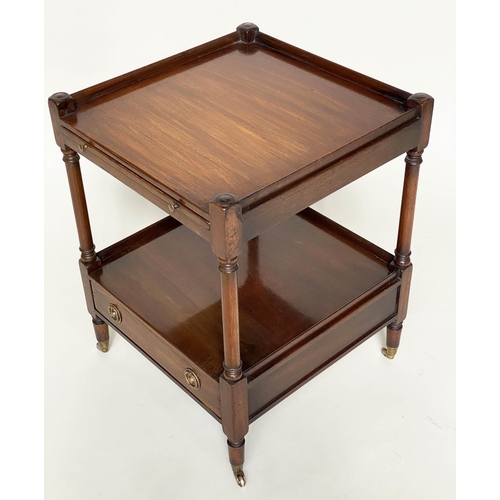 252 - LAMP TABLES, a pair, George III design figured mahogany each with slide, two tiers and drawers, 46cm... 