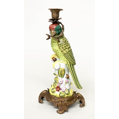 215 - PARROT CANDLESTICKS, a pair, Continental style painted porcelain and gilt metal mounted, 37cm H. (2)