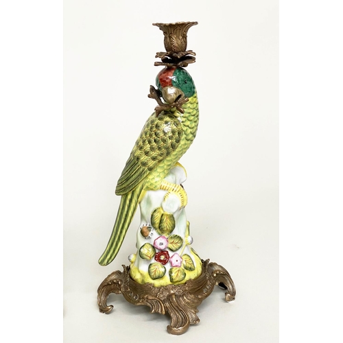 215 - PARROT CANDLESTICKS, a pair, Continental style painted porcelain and gilt metal mounted, 37cm H. (2)