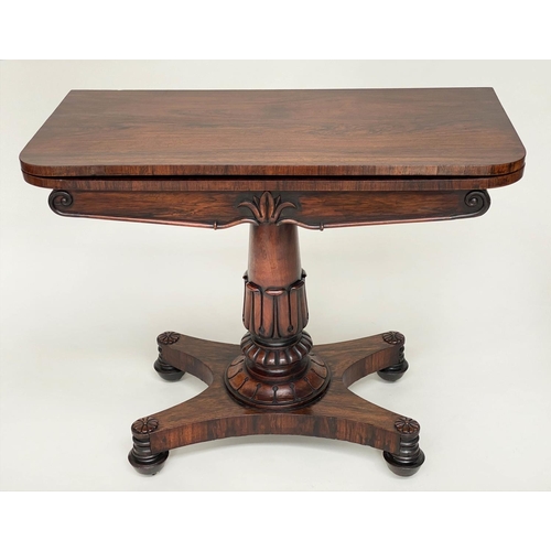 216 - CARD TABLE, William IV rosewood, rounded rectangular foldover baize lined with turned column and car... 