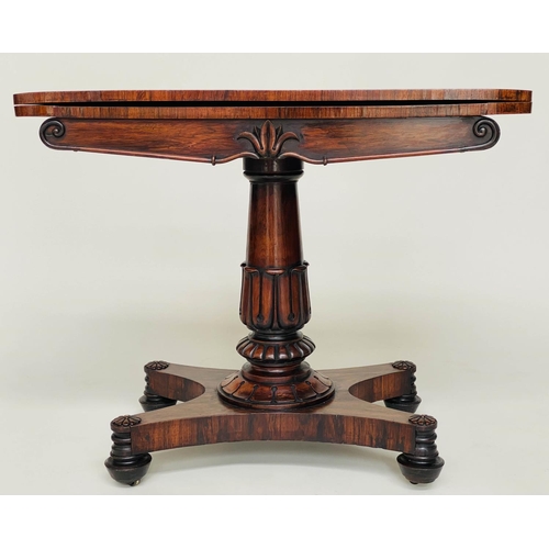 216 - CARD TABLE, William IV rosewood, rounded rectangular foldover baize lined with turned column and car... 