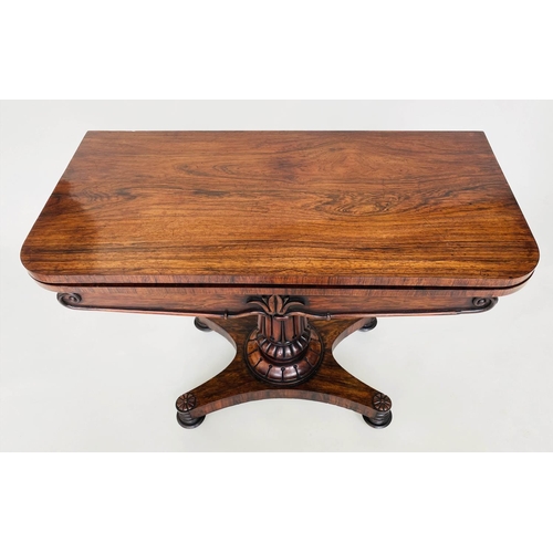 216 - CARD TABLE, William IV rosewood, rounded rectangular foldover baize lined with turned column and car... 