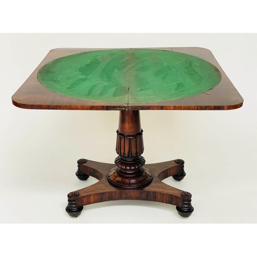 216 - CARD TABLE, William IV rosewood, rounded rectangular foldover baize lined with turned column and car... 