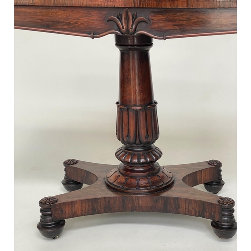 216 - CARD TABLE, William IV rosewood, rounded rectangular foldover baize lined with turned column and car... 