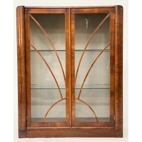 ART DECO DISPLAY CABINET, figured walnut with two glazed doors, glass panelled sides and shelves, 115cm H x 90cm W x 33cm D.