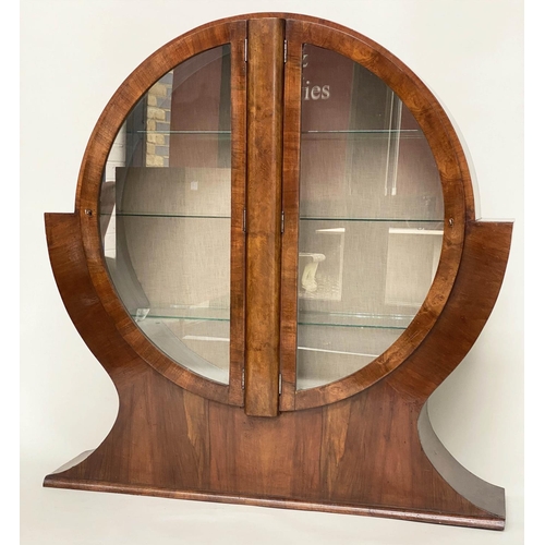 219 - 'CIRCULAR' ART DECO DISPLAY CABINET, circa 1930 figured walnut of circular form with two glazed pane... 