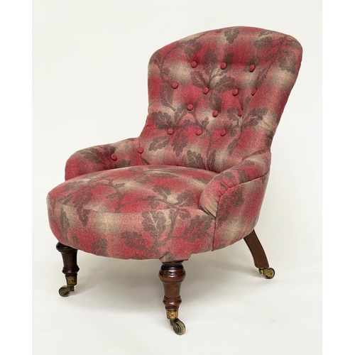 221 - VICTORIAN SLIPPER CHAIR, buttoned oak leaves and tartan upholstered with turned front feet to brass ... 