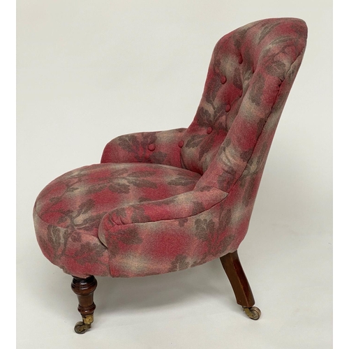 221 - VICTORIAN SLIPPER CHAIR, buttoned oak leaves and tartan upholstered with turned front feet to brass ... 