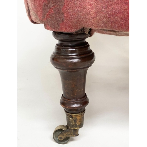 221 - VICTORIAN SLIPPER CHAIR, buttoned oak leaves and tartan upholstered with turned front feet to brass ... 