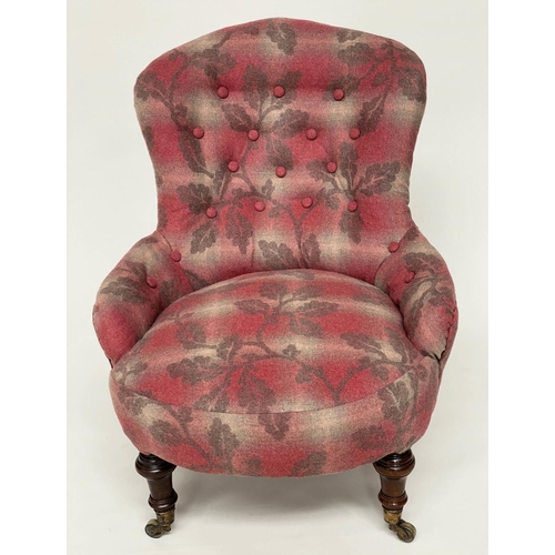 221 - VICTORIAN SLIPPER CHAIR, buttoned oak leaves and tartan upholstered with turned front feet to brass ... 