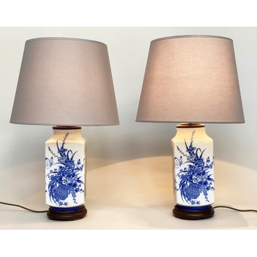 224 - TABLE LAMPS, 67cm H, a pair, Chinese blue and white ceramic, of square form depicting basket of flow... 