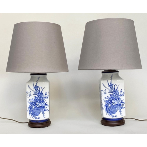 224 - TABLE LAMPS, 67cm H, a pair, Chinese blue and white ceramic, of square form depicting basket of flow... 